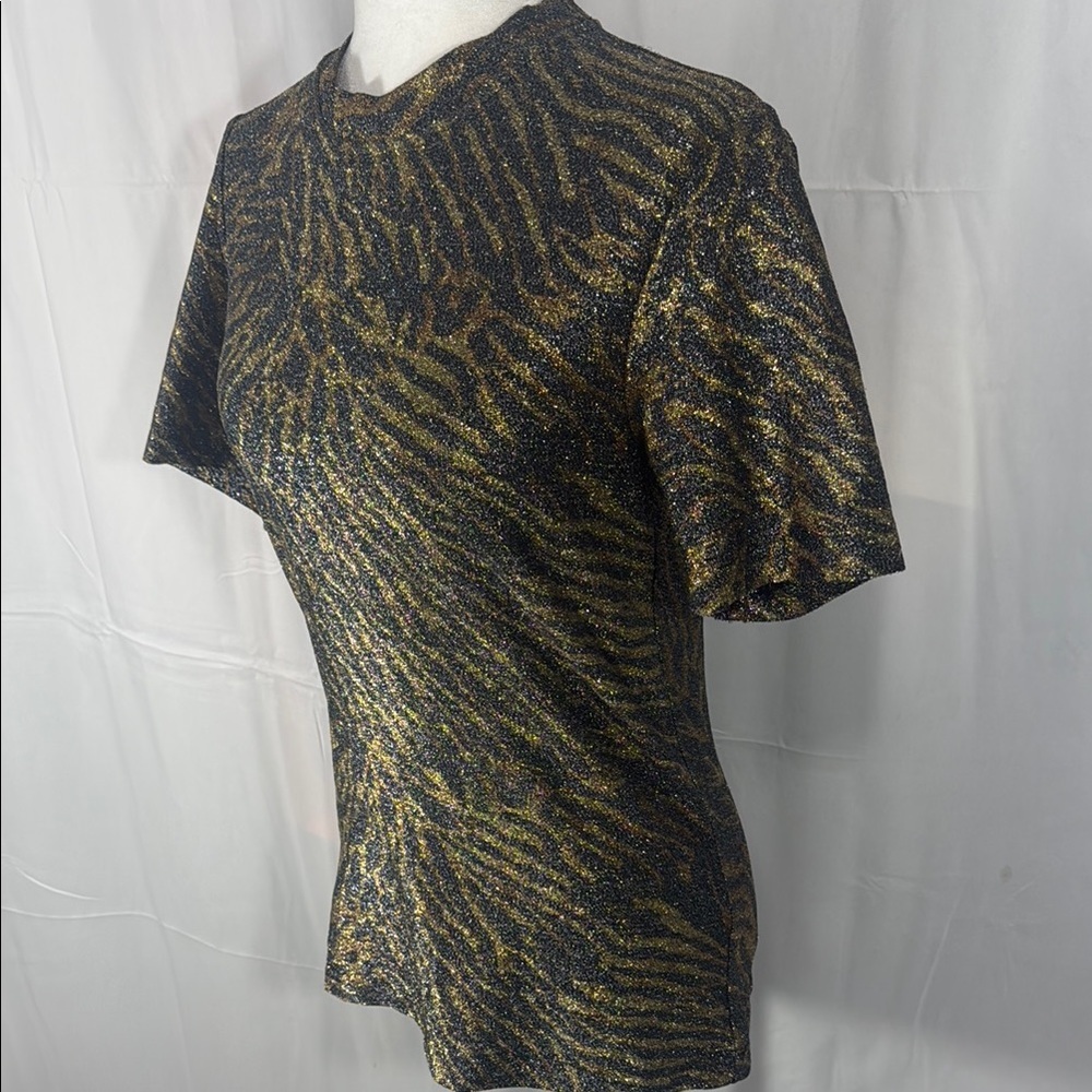 Ganni Gold and Brown Zebra Print Fitted Top Size 40/L